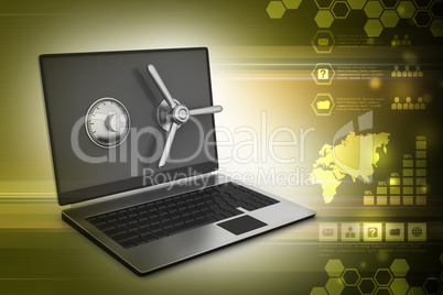 Laptop computer with lock for protection in color background