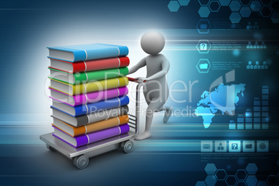 Man with books and trolley in colour background