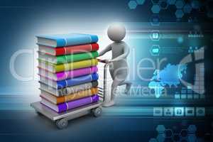 Man with books and trolley in colour background
