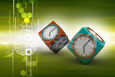 Clock in cube with technical brain in color background
