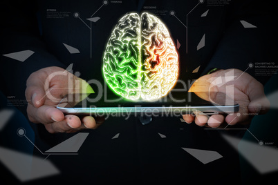 Man showing brain on a smart phone in color background
