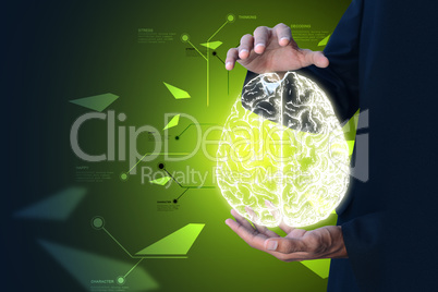 Man showing digital brain in color background