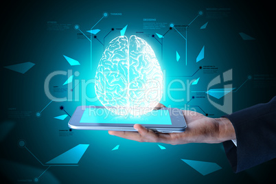 Man showing brain on a smart phone in color background