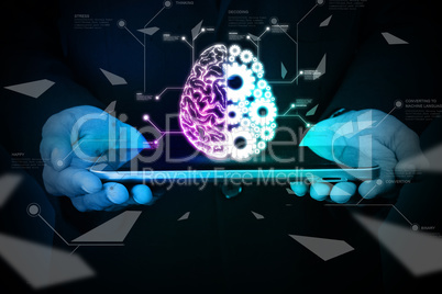 Man showing brain and gear wheels on smart phone in color back ground