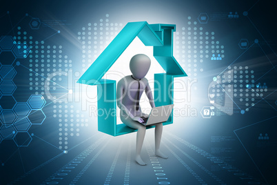 Business man sitting on the symbol of home while using laptop in color background