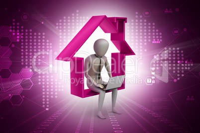 Business man sitting on the symbol of home while using laptop in color background