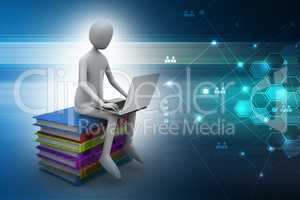 Man sitting on top of books while using laptop in color background