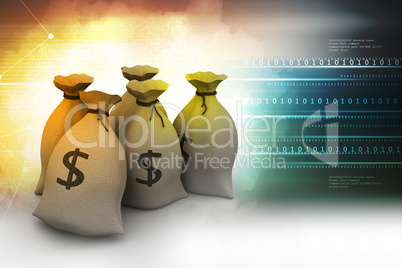 Bundles of money in bags in color background