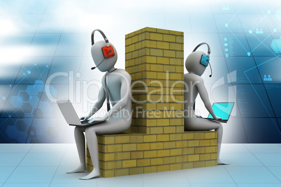 Computer networking between two peoples in color background