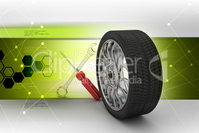 Tools and parts for car in color background