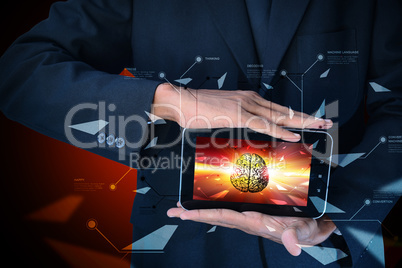 Man showing brain on a smart phone in color background