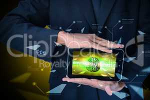 Man showing brain on a smart phone in color background