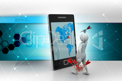 3d man with darts and smart phone in color background