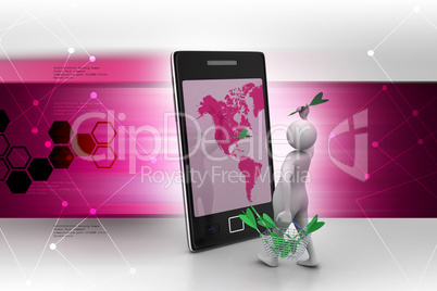 3d man with darts and smart phone in color background