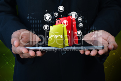 Business man showing Online shopping concept in color background