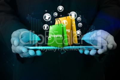 Business man showing Online shopping concept in color background