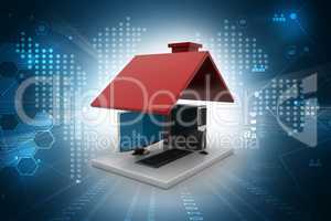 Computer in a roof with color background