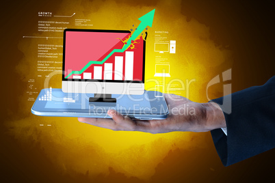 Man showing smart phone with successive graph in color background