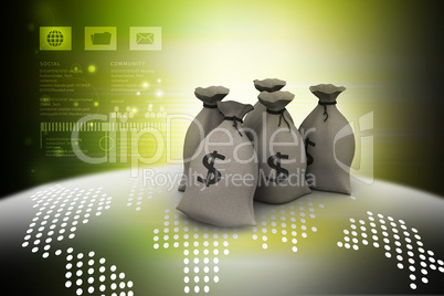 Bundles of money in bags in color background