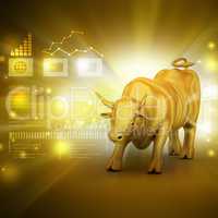 Rising golden business bull in color background