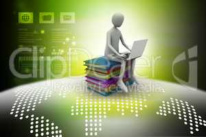 Man sitting on top of books while using laptop in color background