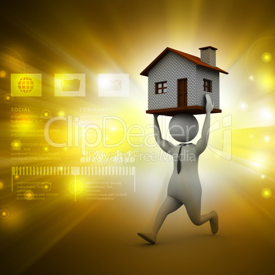 3d man holding house on his head in color background