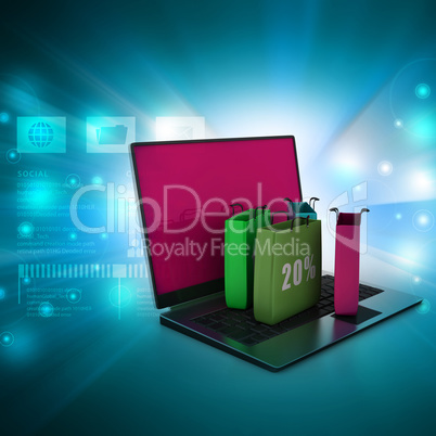 Online shopping concept with laptop computer in color background