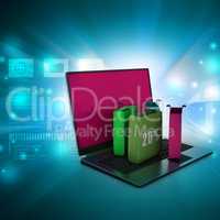 Online shopping concept with laptop computer in color background