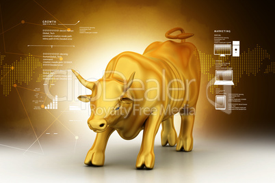 Rising golden business bull in color background