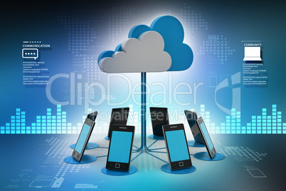 Smart phones network with cloud computing in color background