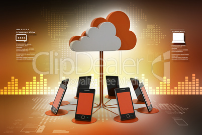Smart phones network with cloud computing in color background