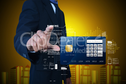 Business man showing credit card in color background