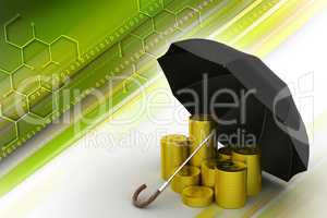 Gold coin with umbrella in color background