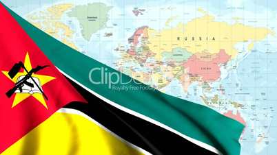 Animated Flag of Mozambique With a Pin on a Worldmap