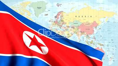 Animated Flag of North Korea With a Pin on a Worldmap