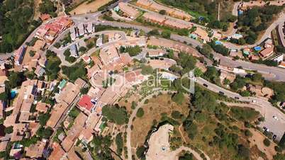 Aerial view of the scenic places with a view of the valleys, hills and the sea with beaches. Spain, Catalonia