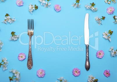 vintage fork and knife on a blue background
