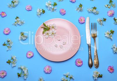 empty round pink ceramic plate and a vintage knife with a fork