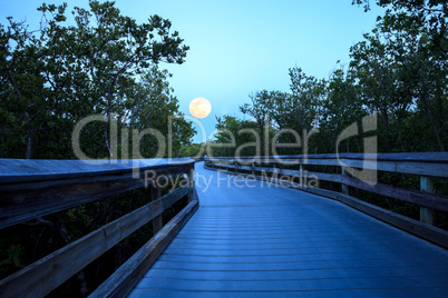 Moonrise over boardwalk over River leading to the ocean at Clam