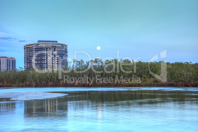 Moonrise over River leading to the ocean at Clam Pass