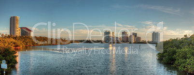 Panoramic view of the buildings at Clam Pass at sunset