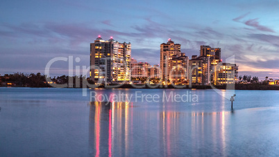 Panoramic view of the buildings at Clam Pass at sunset