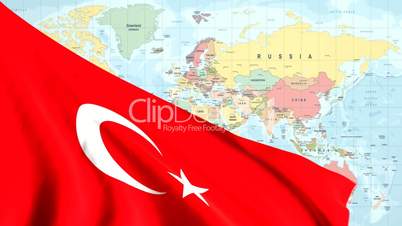 Animated Flag of Turkey With a Pin on a Worldmap