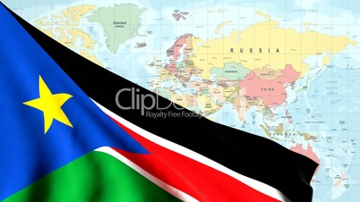 Animated Flag of South Sudan With a Pin on a Worldmap