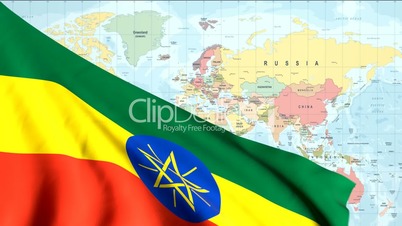 Animated Flag of Ethiopia With a Pin on a Worldmap