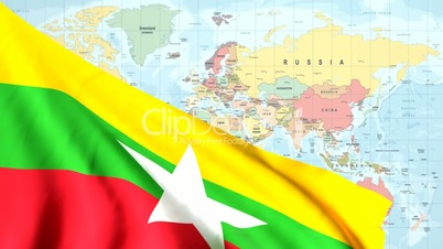 Animated Flag of Burma With a Pin on a Worldmap