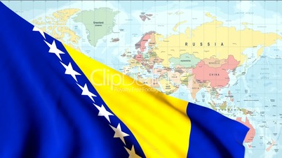 Animated Flag of Bosnia and Herzegovina With a Pin on a Worldmap
