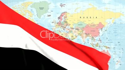 Animated Flag of Yemen With a Pin on a Worldmap