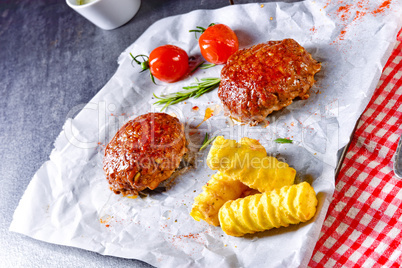 vegetable French fries with herb quark and tomatoes