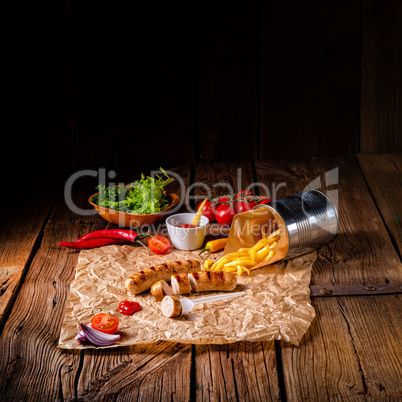 rustic bratwurst with pommes and hot ketchup